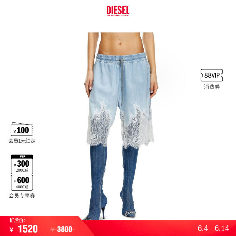 [折扣]DIESEL女士牛仔蕾丝拼接五分牛仔裤A129210JGAH