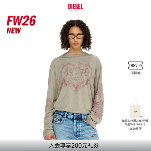 [新款]DIESEL女士26早秋纯色复古印花长袖T恤A232050LJCN