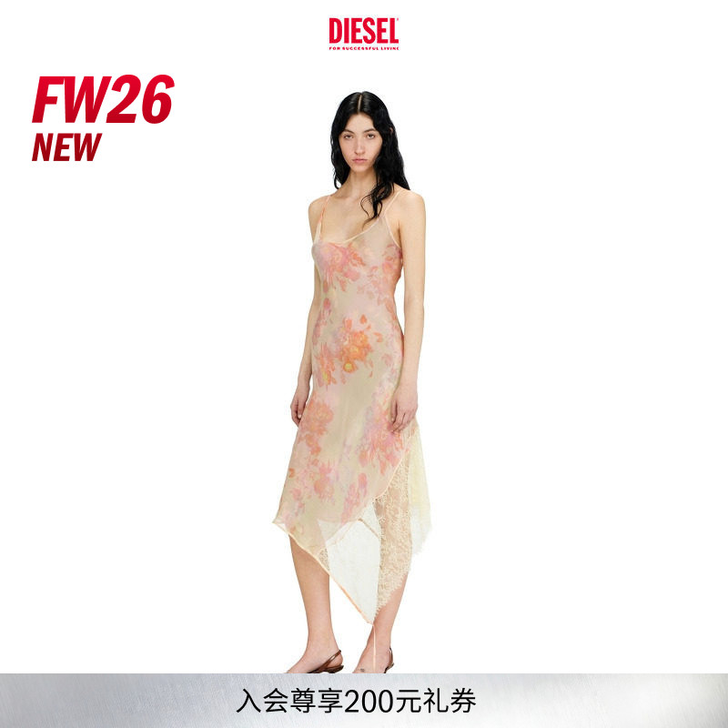 [新款]DIESEL女士26早秋V领花卉图案长款吊带连衣裙A233940BKCR