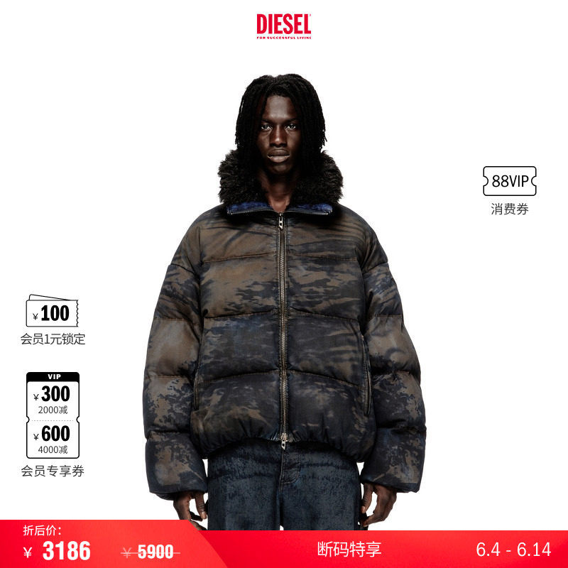 [折扣]DIESEL男士毛领做旧风格棉服外套A187570LKCX