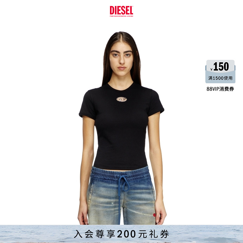 [经典]DIESEL女士OVAL D黑色白色修身圆领短袖T恤A168390CLBR
