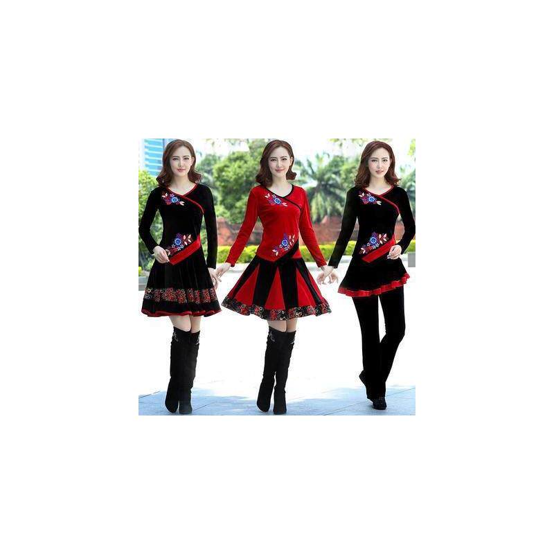 新款广场舞服装套装女春秋季金丝绒跳舞裙民族风舞蹈演出服二件套