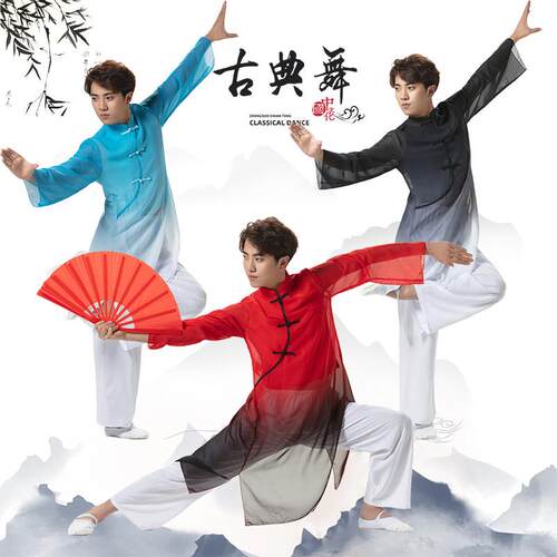 古典大中学生表演出运动会入场武术太极舞蹈服装飘逸水墨中国风男