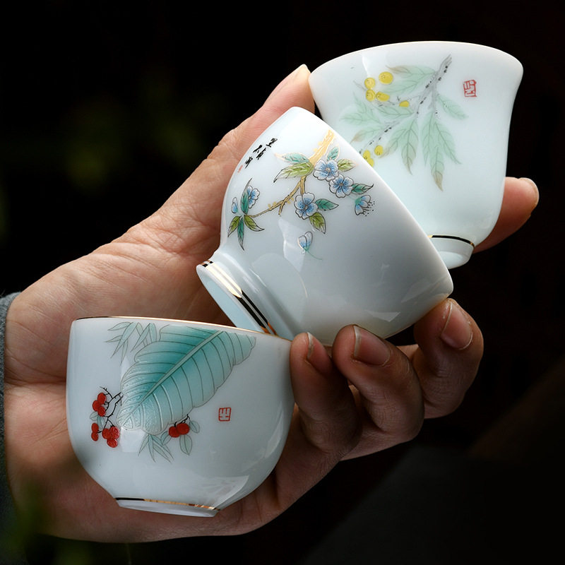 中式青白瓷茶杯单杯高档羊脂玉主人杯描金枇杷品茗杯家用茶具茶碗,餐饮具,茶杯,淘宝优惠券,粉丝福利购,淘宝优惠卷