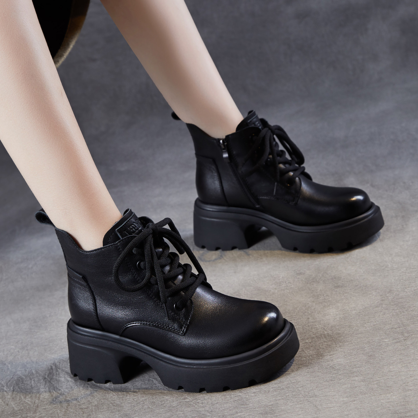 牛皮新款真皮黑色厚底粗跟马丁靴女款加绒2025秋冬季女士休闲皮靴,女鞋,马丁靴,淘宝优惠券,粉丝福利购,淘宝优惠卷