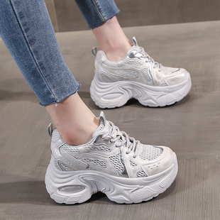 轻便超火厚底增高8cm老爹鞋女款透气2025秋新真皮女士薄款休闲鞋