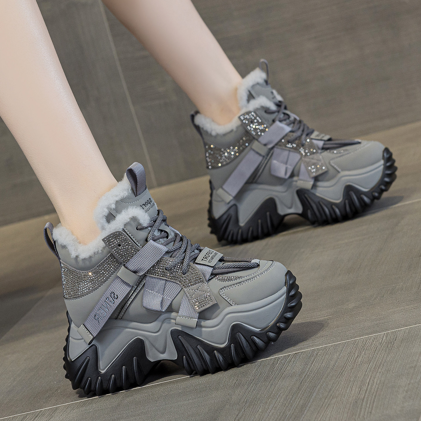 香港超火新款厚底内增高灰色老爹鞋女款加绒2025冬季女士休闲棉鞋,女鞋,老爹鞋,淘宝优惠券,粉丝福利购,淘宝优惠卷