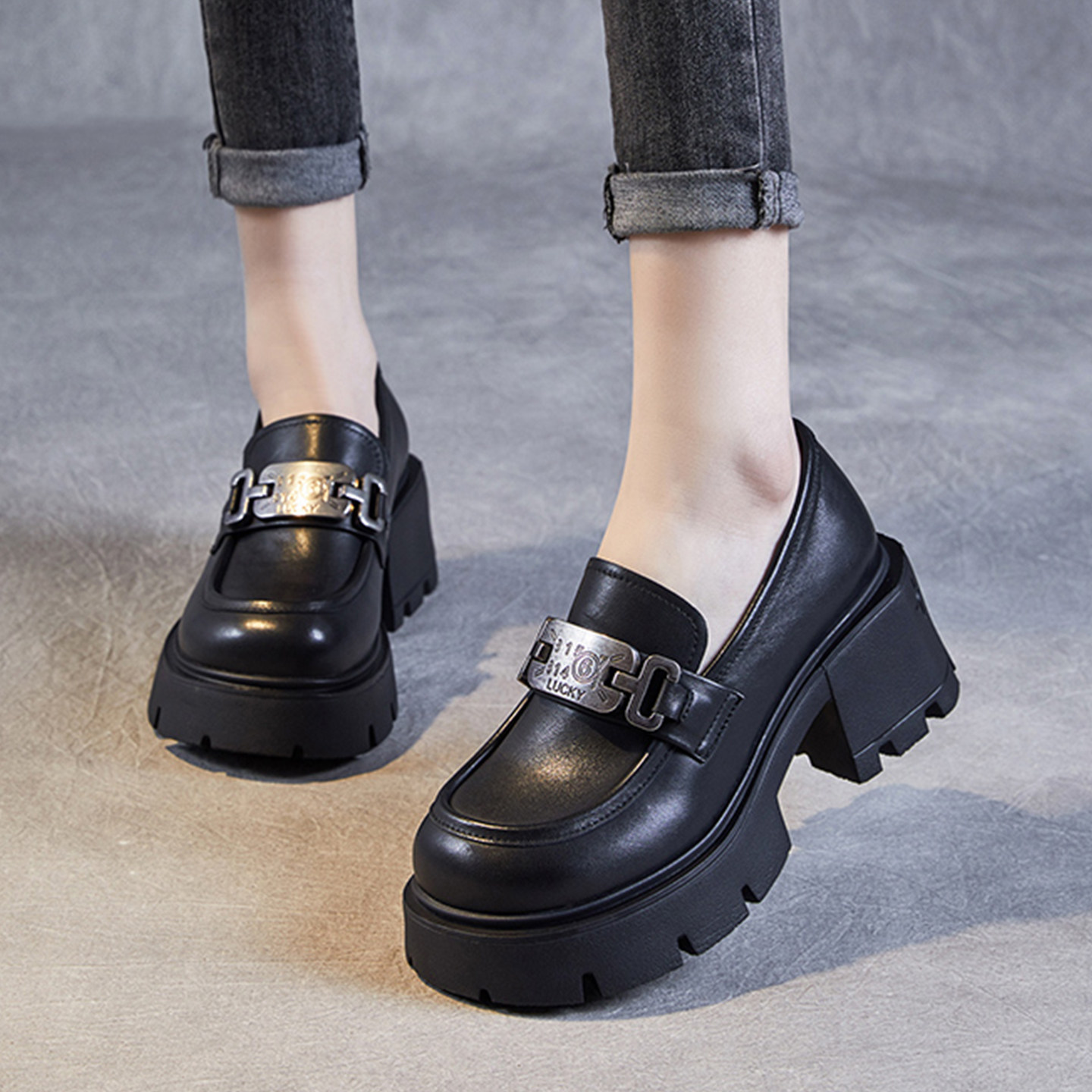 牛皮新款时尚厚底高跟乐福鞋女款不累脚真皮2026春女式休闲单皮鞋