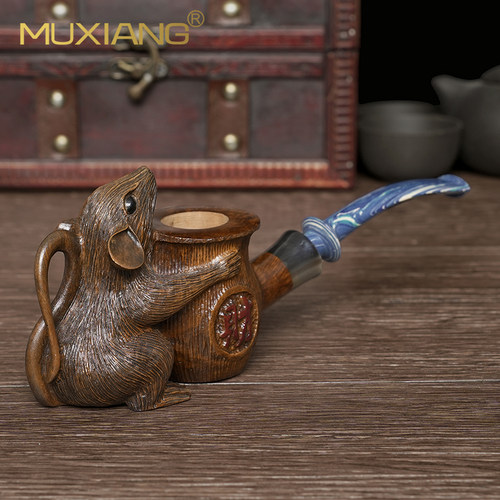 石楠木烟斗手工实木雕刻发财鼠军插烟斗传统老式过滤专用男士烟具