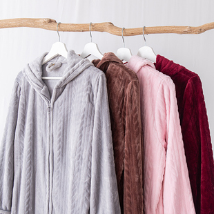 秋冬季珊瑚绒加厚长款大码法兰绒连帽拉链睡袍睡裙情侣浴袍睡衣