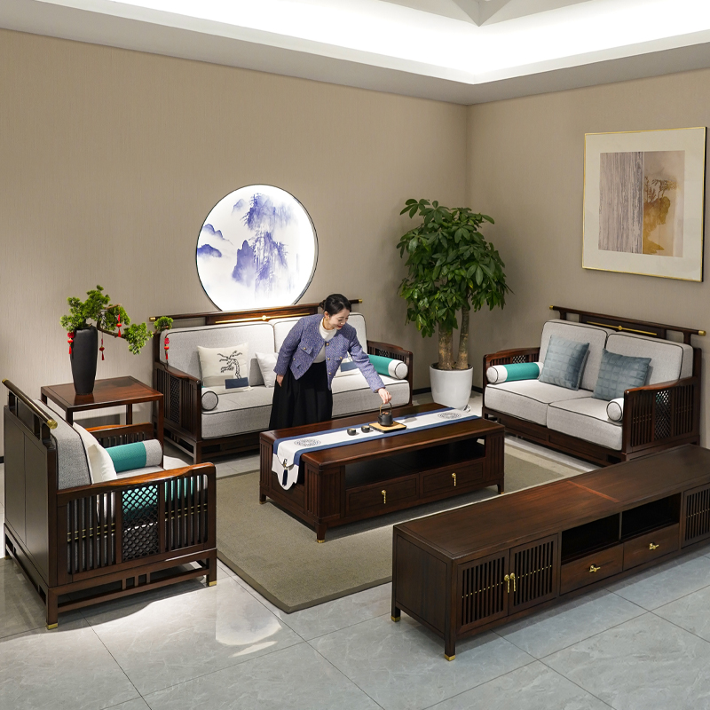 半墨新中式乌金木全实木布艺沙发