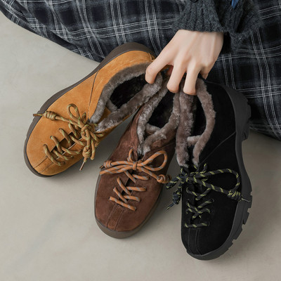 意大利设计师英伦风羊反绒系带乐福鞋女加绒毛毛鞋舒适平底单鞋
