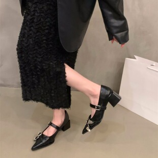 法式气质尖头高跟鞋黑色单鞋女鞋子2025新款春秋冬季玛丽珍小皮鞋