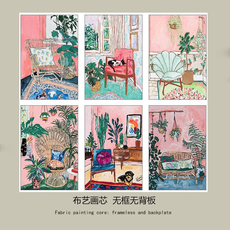 少女北欧风小众高级插画现代简约植物卧室餐厅客厅油画画芯装饰画