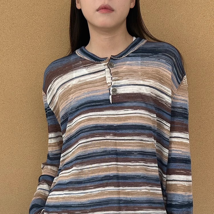 MQ｜MACQNF29500撞色条纹半开领长袖针织衫女时尚宽松防晒罩衫