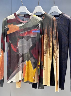 MQ｜MACQNF22192E文艺复古强捻棉渐变显瘦长袖T恤女晕染面膜打底