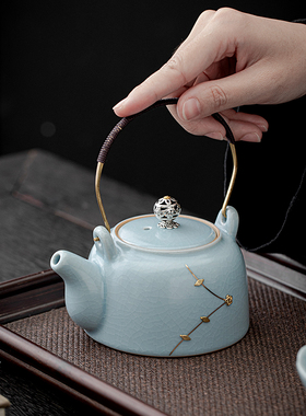 名家作汝窑提梁壶纯手工描金陶瓷茶具泡茶壶汝瓷开片天青高档大号