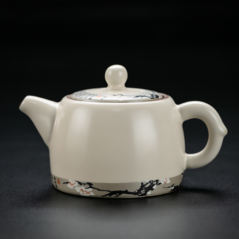 寒梅汝窑井栏壶仿手绘陶瓷茶壶