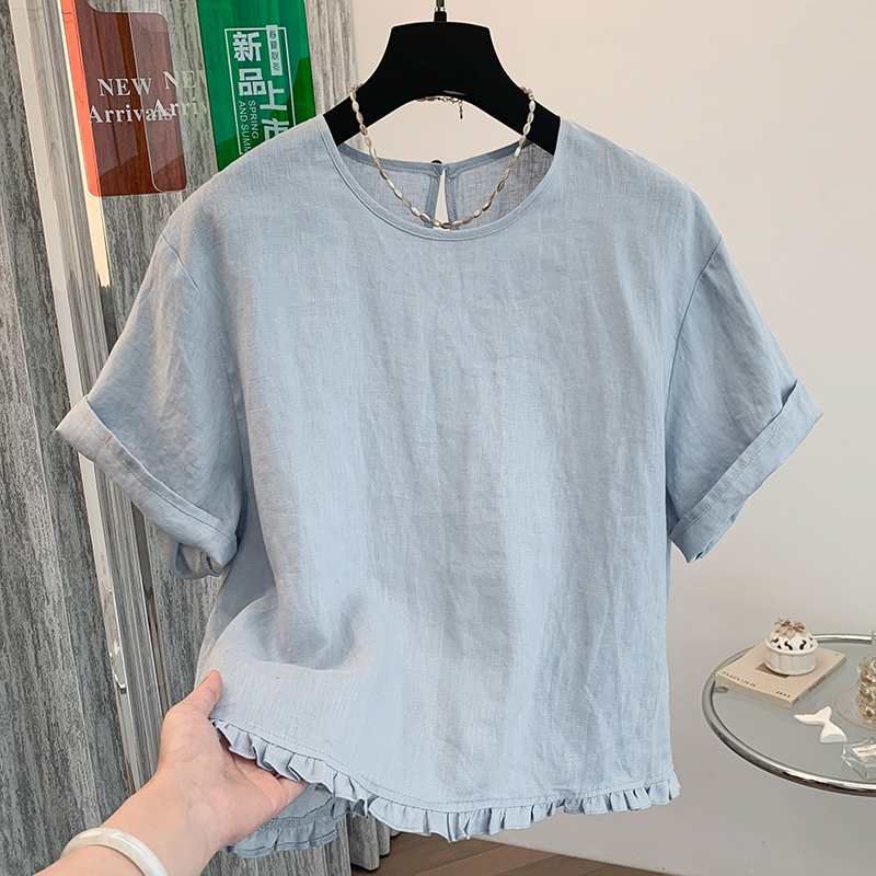 棉麻短袖衬衫女夏木耳边小衫上衣