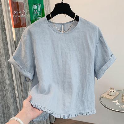 棉麻短袖衬衫女夏木耳边小衫上衣