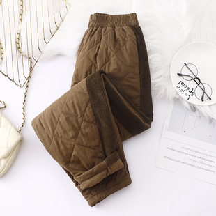 哈伦裤 秋冬新款 女松紧腰加厚保暖小脚裤 靴裤 纯色菱格拼接夹棉棉裤