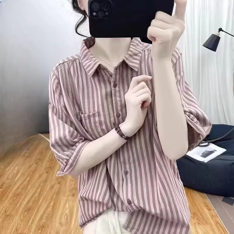 外贸出口女装复古条纹短袖衬衫夏双层纱棉麻透气上衣百搭亚麻衬衣