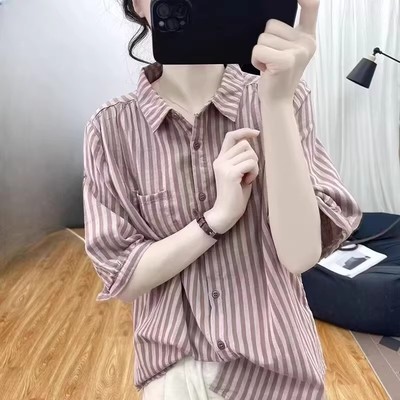 条纹短袖衬衫女棉麻上衣亚麻衬衣