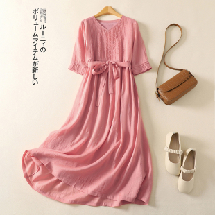 文艺清新大摆裙大码 夏季 连衣裙女装 复古风琴褶短袖 宽松中长裙 新款
