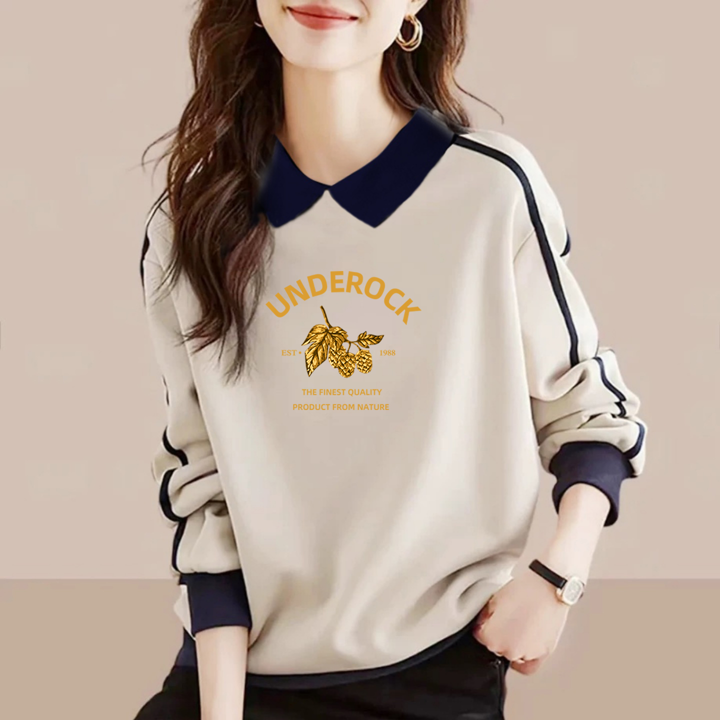 纯棉上衣长袖卫衣女POLO领打底衫