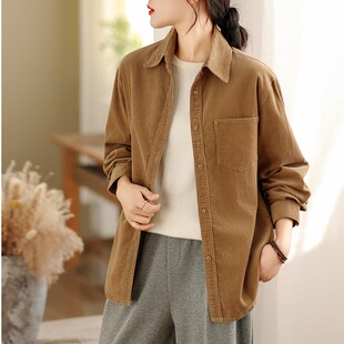 新款 薄款 复古灯芯绒衬衫 上衣休闲开衫 外套 女气质翻领长袖 2026春季