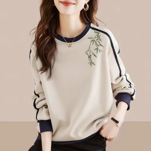 打底衫 外贸原单女装 新款 上衣秋季 复古文艺纯棉卫衣女洋气撞色长袖