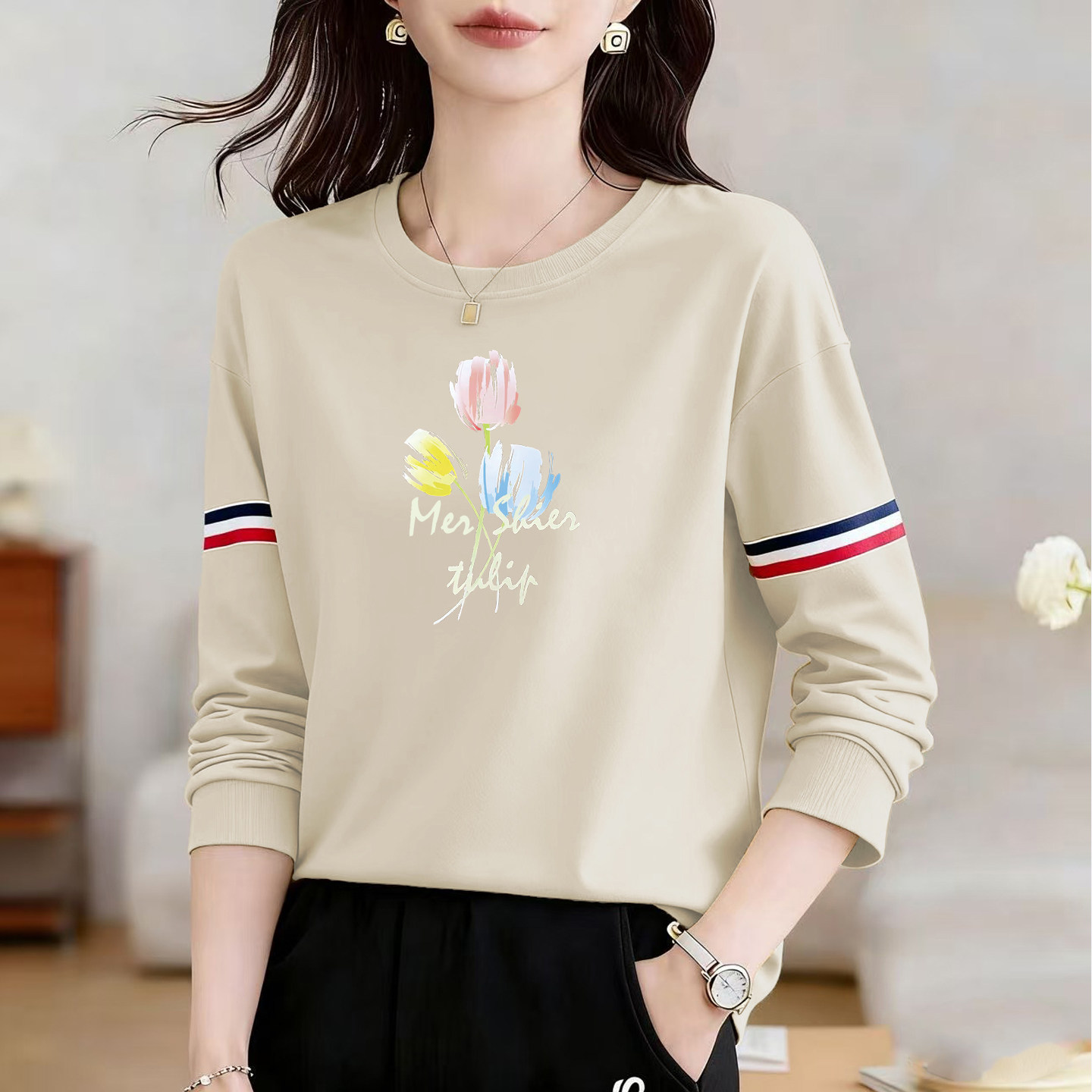 春秋新款休闲长袖T恤女圆领印花打底衫宽松显瘦洋气撞色纯棉上衣,女装/女士精品,大码内搭,淘宝优惠券,粉丝福利购,淘宝优惠卷