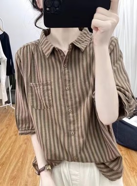 外贸出口女装棉麻条纹衬衫复古文艺polo衫衬衣夏装宽松五分袖上衣