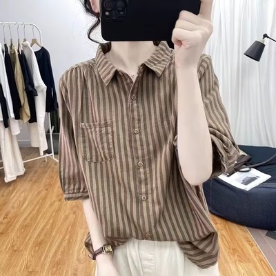 棉麻条纹衬衫polo衫女五分袖上衣