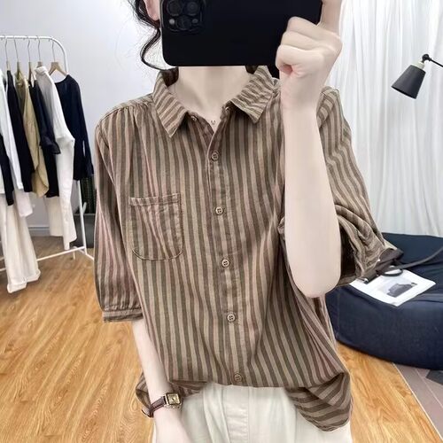 棉麻条纹衬衫polo衫女五分袖上衣
