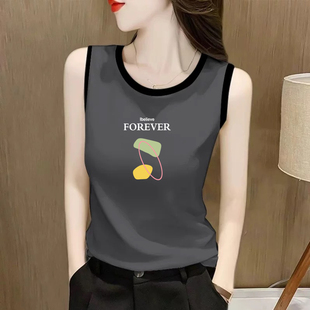 时尚撞色无袖背心吊带女宽松印花内搭打底衫百搭显瘦纯棉T恤上衣