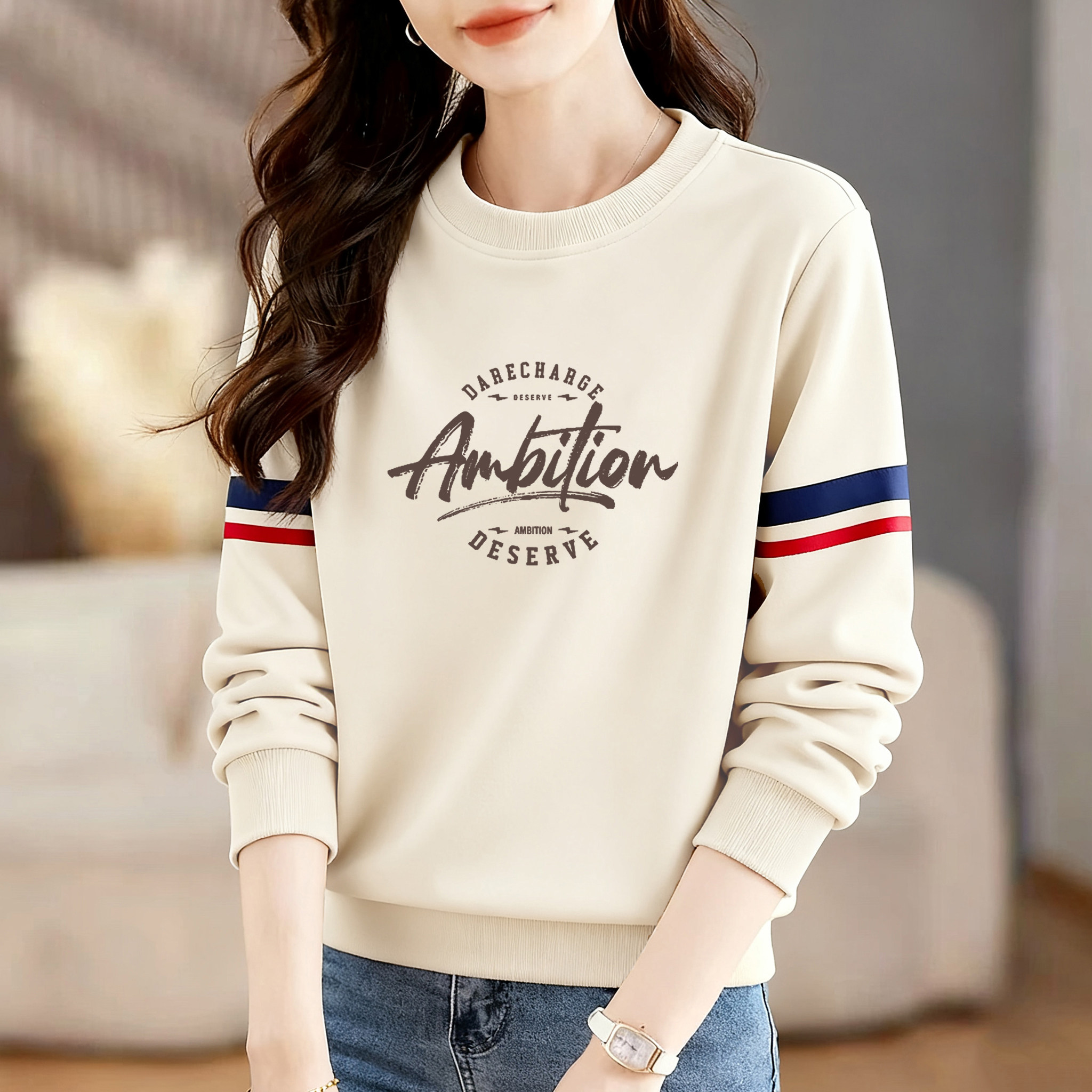 气质拼色两条杠纯棉卫衣休闲上衣