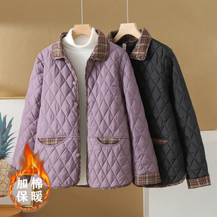 韩系高品质气质拼接夹棉棉衣衬衫 外套女秋冬菱格轻薄羽绒棉服上衣