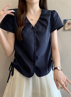 夏季V领短袖褶皱显高女衬衫上衣