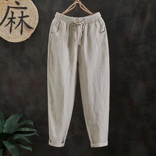 直筒休闲裤高腰亚麻哈伦裤九分裤