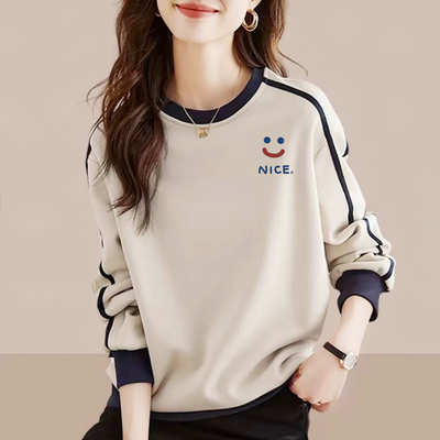 外贸出口大牌撤柜女装复古撞色圆领卫衣女春秋新款宽松休闲上衣