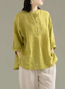 复古文艺亚麻衬衫女装夏季新款纯色大码棉麻上衣宽松中袖苎麻衬衣