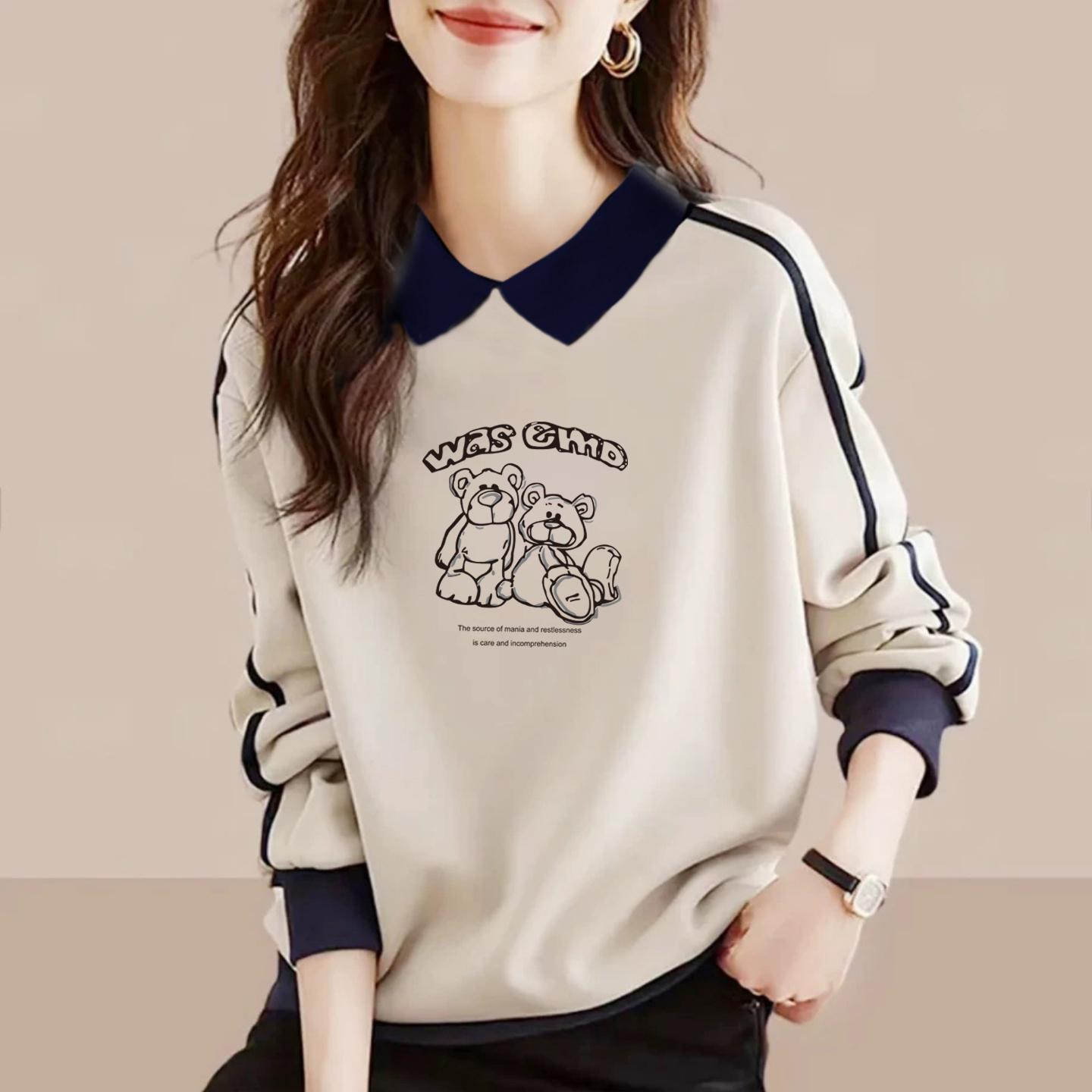 休闲风撞色翻领卫衣女长袖印花POLO衫纯棉打底衫上衣