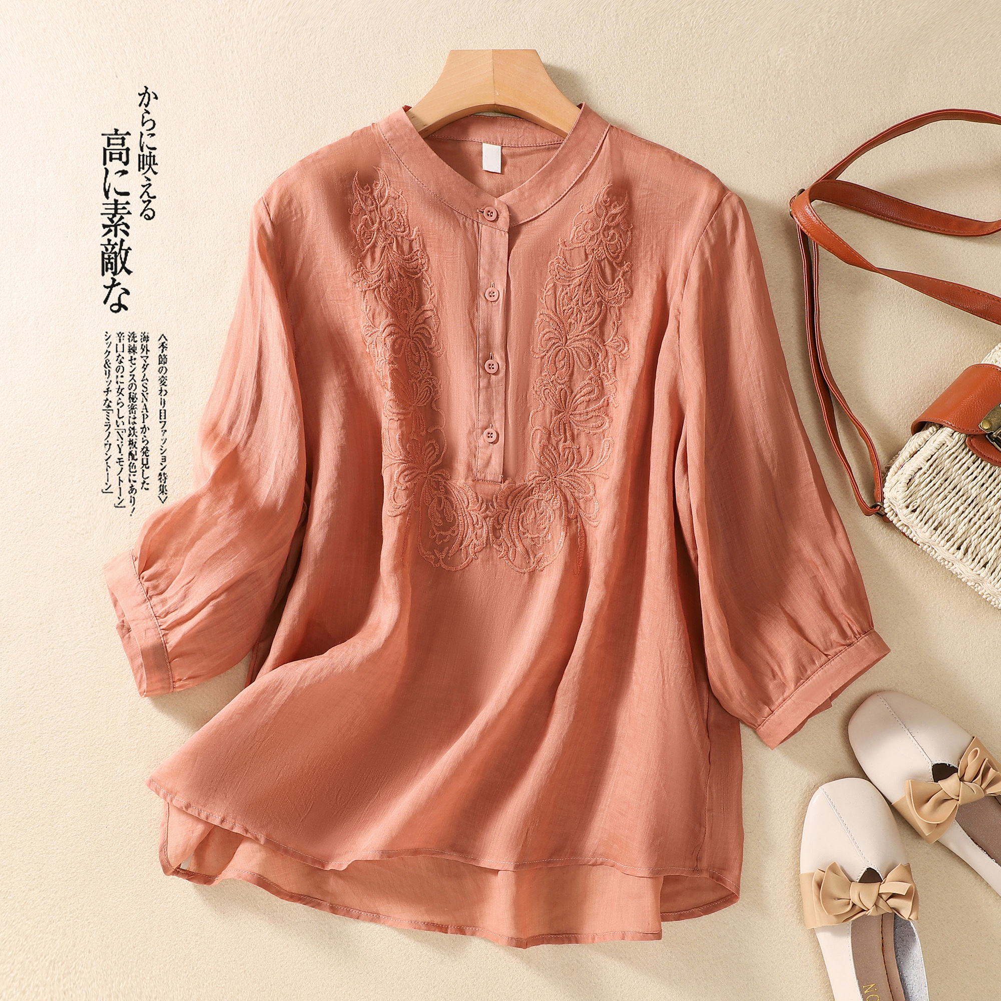 棉麻刺绣衬衫女亚麻衬衣短袖上衣