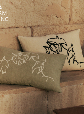 丹麦Ferm Living伍重小鸟涂鸦抱枕刺绣棉麻客厅沙发靠枕床头靠垫