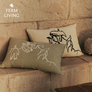 丹麦Ferm Living伍重小鸟涂鸦抱枕刺绣棉麻客厅沙发靠枕床头靠垫
