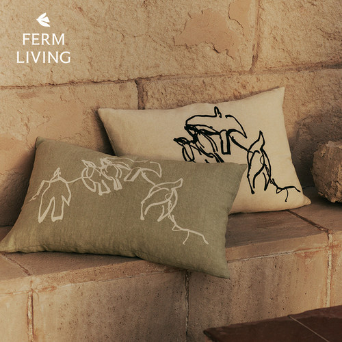 丹麦Ferm Living伍重小鸟涂鸦抱枕刺绣棉麻客厅沙发靠枕床头靠垫