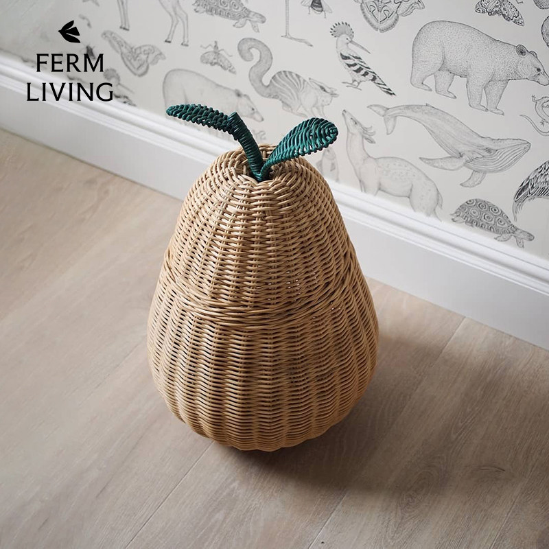 丹麦Ferm Living手工藤编收纳筐梨形 衣物玩具收纳篮杂物储物筐