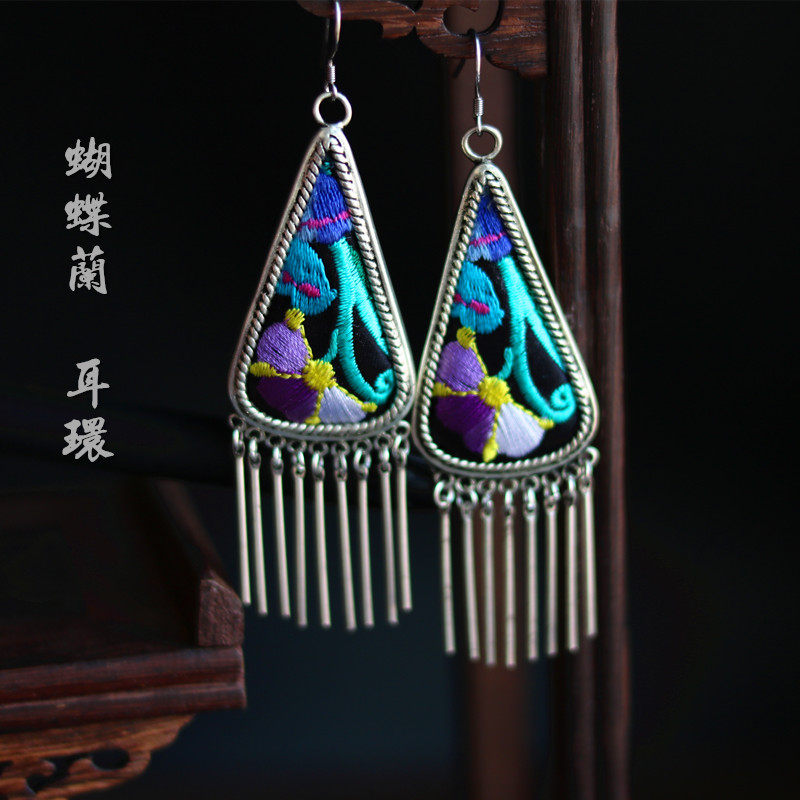 民族风耳饰女复古饰品刺绣棉麻旗袍配饰紫个性气质长款 流苏耳环