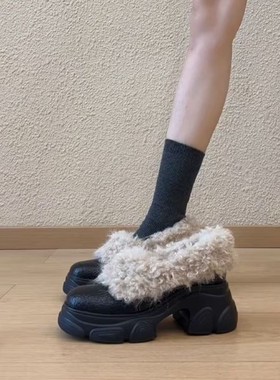 黑色粗跟小皮鞋女2025新款秋冬加绒保暖毛毛鞋玛丽珍一脚蹬高跟鞋